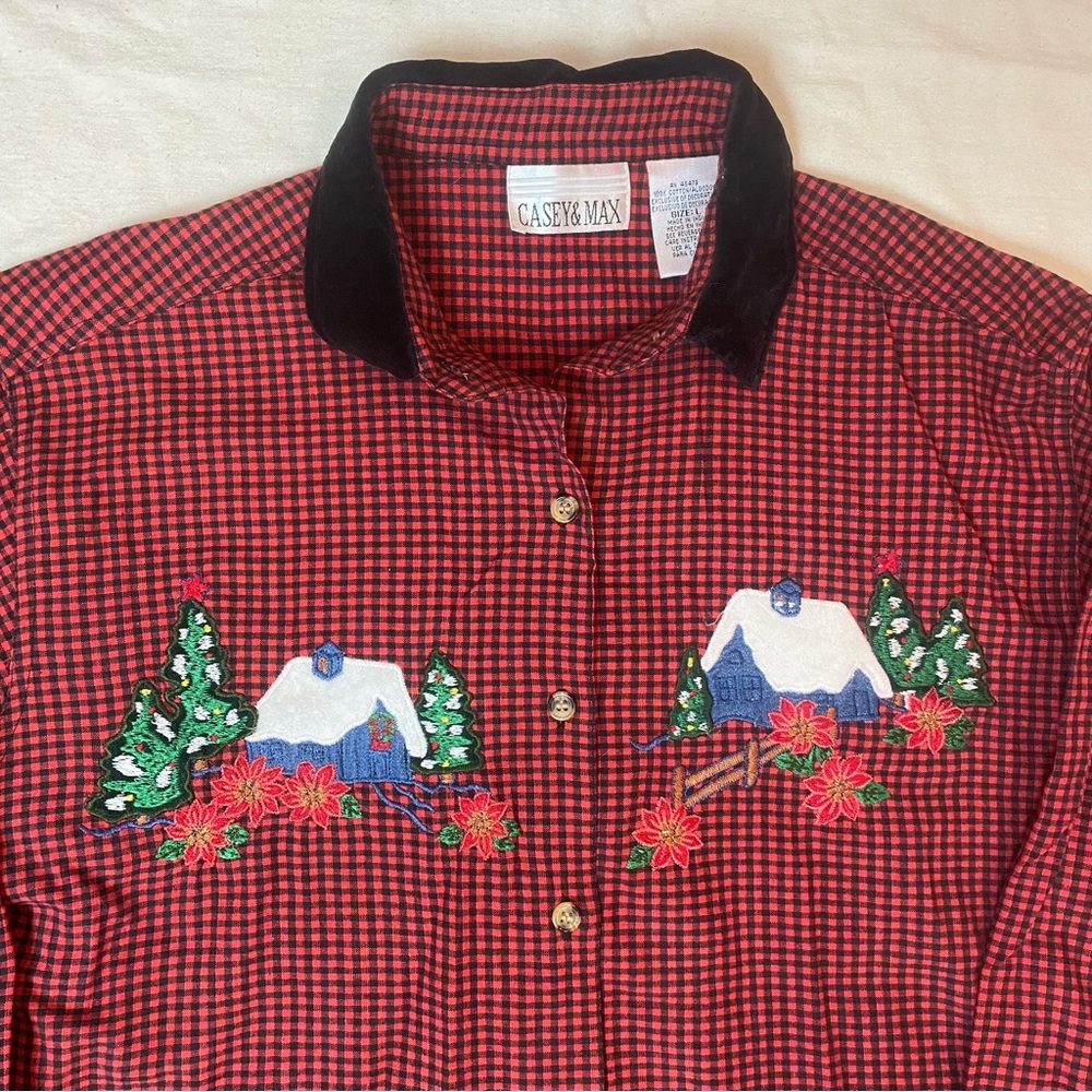 Vtg Christmas Plaid Button Up Shirt Large Cabins Snow Checkered Red Ugly Cute